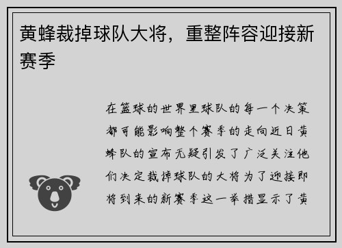 黄蜂裁掉球队大将，重整阵容迎接新赛季