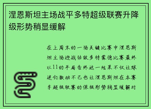 涅恩斯坦主场战平多特超级联赛升降级形势稍显缓解