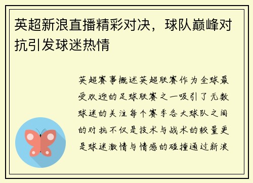 英超新浪直播精彩对决，球队巅峰对抗引发球迷热情
